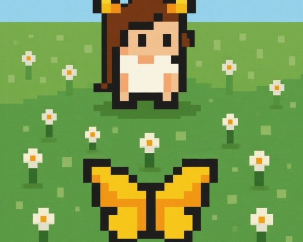 Pixelated Meadow with Character and Yellow Butterfly