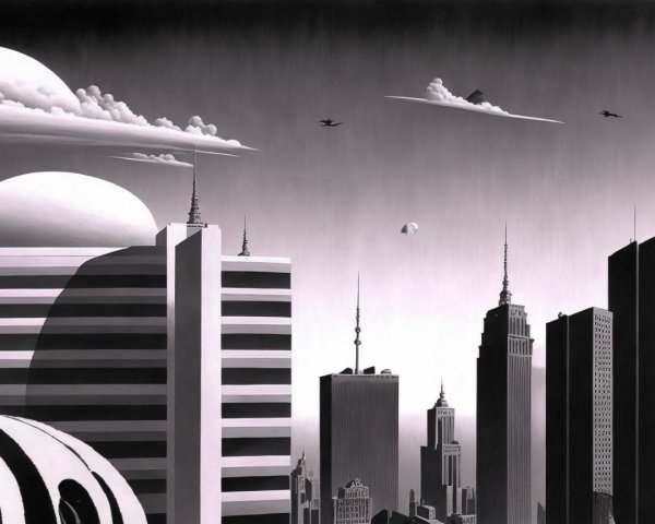 Stylized Black-and-White Cityscape with Skyscrapers
