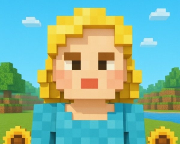 Pixelated Character in Sunflower Field Under Blue Sky