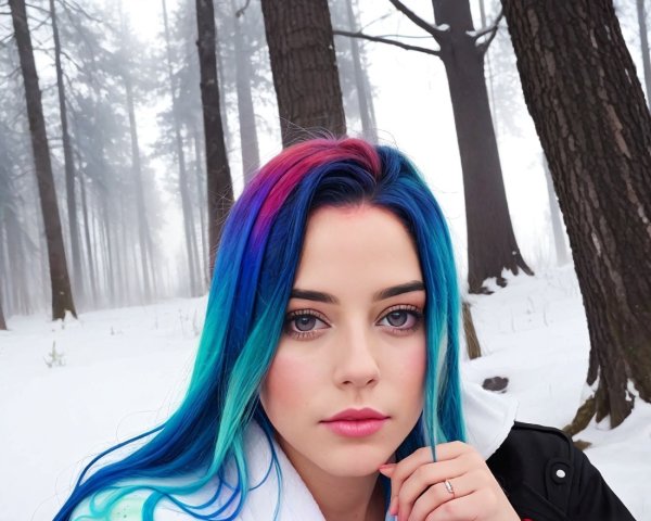 Young Woman with Colorful Hair in Misty Forest