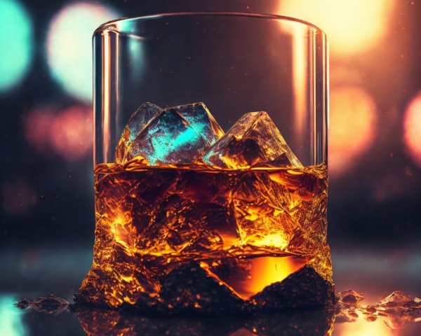 Close-up of Amber Liquid in Glass with Ice Cubes
