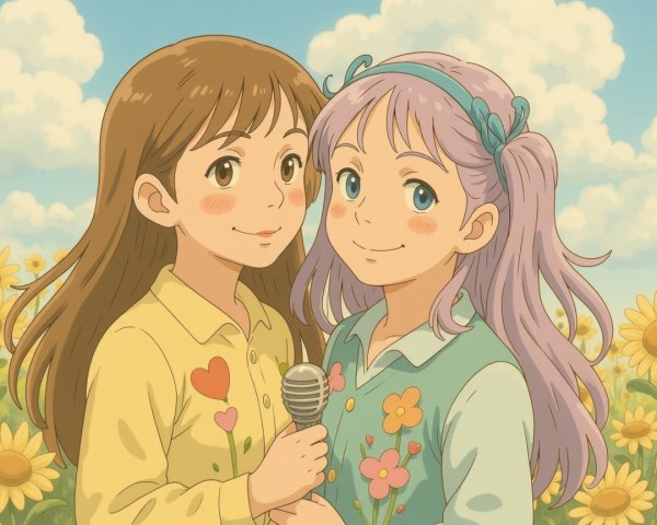 Girls in Sunflower Field with Microphone and Smiles