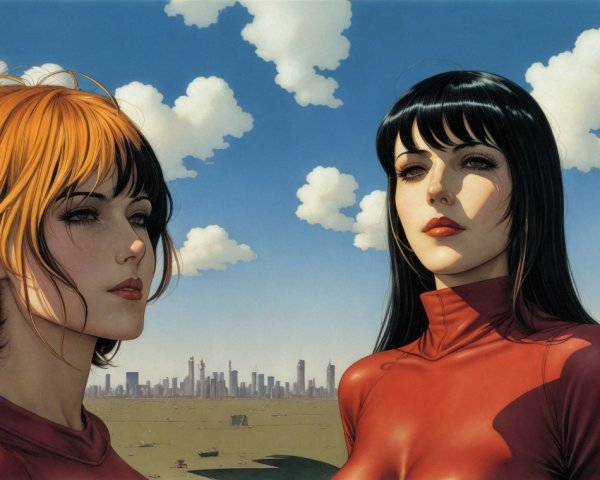 Two Women in Red Outfits Against Futuristic Landscape