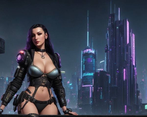 Futuristic Urban Landscape with Neon Lights and Skyscrapers