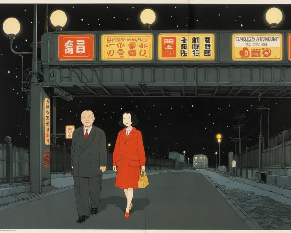 Retro-futuristic scene of a couple in kimonos under overpass