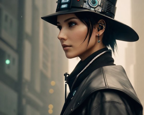 Futuristic Figure in Urban Setting with High-Tech Attire