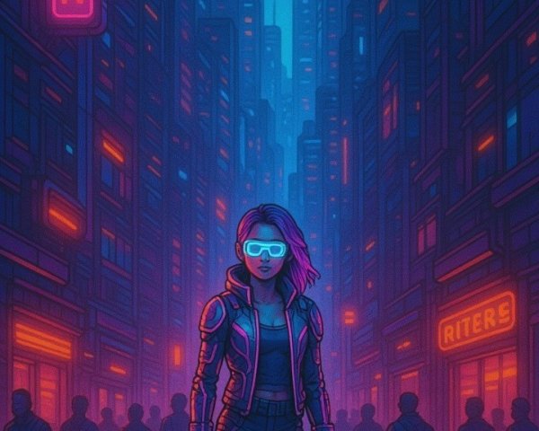 Futuristic cityscape with neon lights and skyscrapers