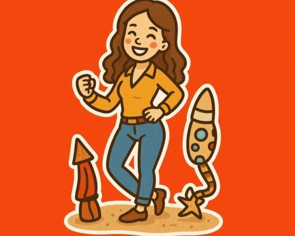 Cheerful Woman with Colorful Rocket Illustrations