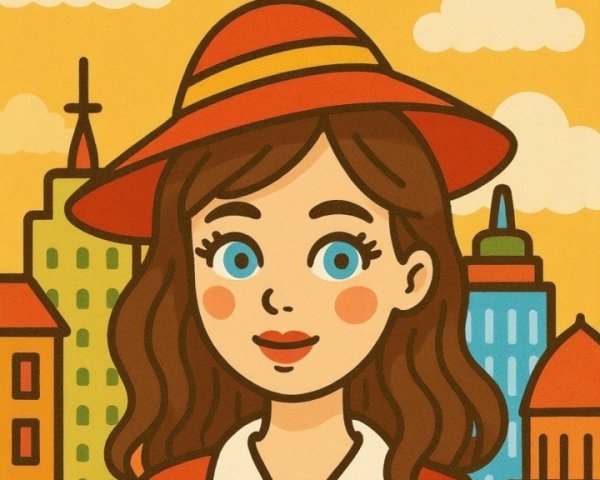 Colorful Illustration of Woman in City Skyline