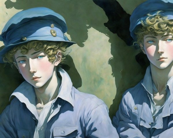 Young Men in Blue Uniforms with Serene Expressions