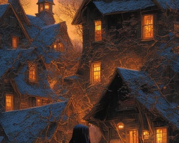 Snow-Covered Village at Dusk with Cloaked Figure