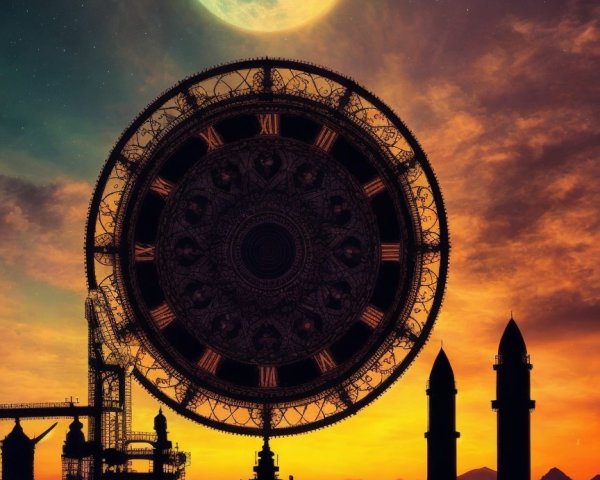 Surreal Landscape with Clock Tower and Rockets