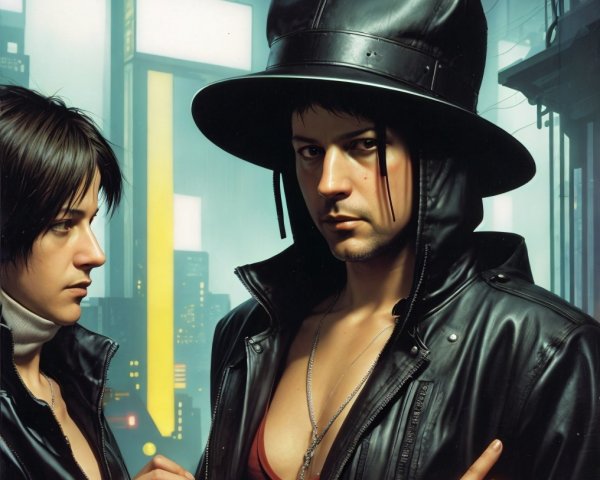 Futuristic Cityscape with Intriguing Couple in Leather