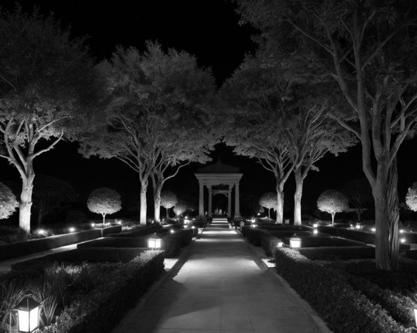 Serene Night Garden with Lanterns and Pavilion