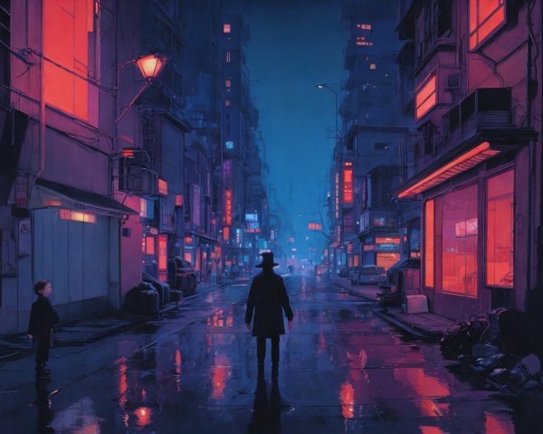 Neon-Lit Urban Street with Mysterious Figure and Boy