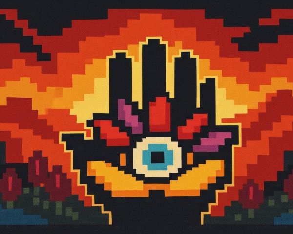 Pixel-Art Hand with Flowers and Eye on Sunset Background