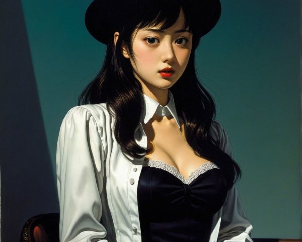 Elegant young woman in black hat and lace dress