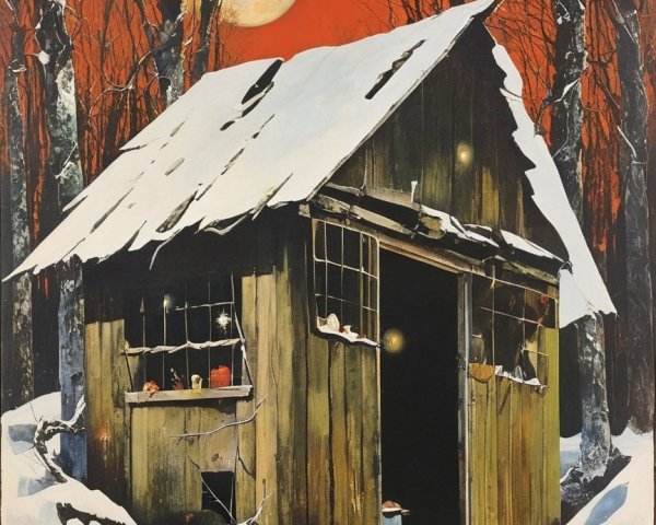 Snow-Covered Wooden Cabin in a Forest at Night