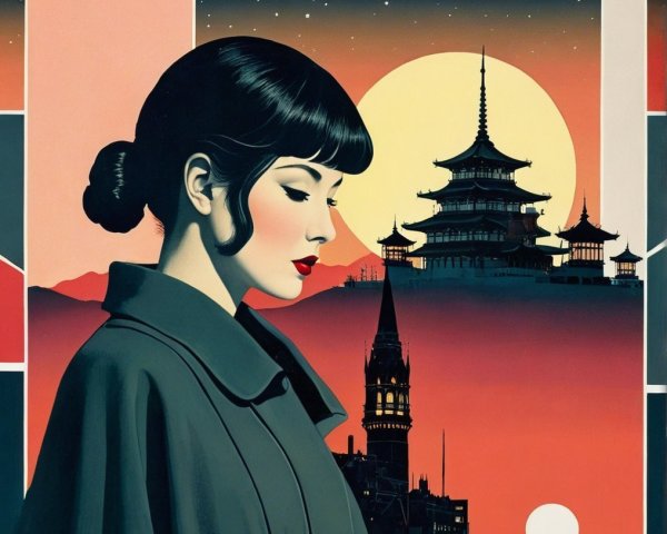 Stylized Female Figure Against Sunset and Moon Backdrop