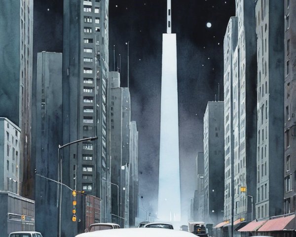 Retro Sedan in Vibrant Cityscape at Night