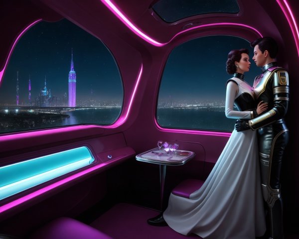 Futuristic Dining Pod with City Skyline at Night