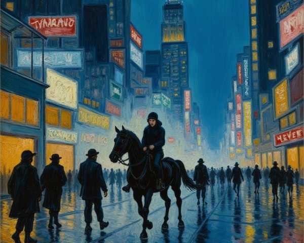 Vibrant Evening City Scene with Neon Lights and Rain