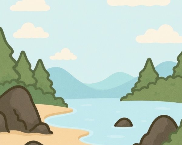 Serene Landscape with River, Trees, and Mountains