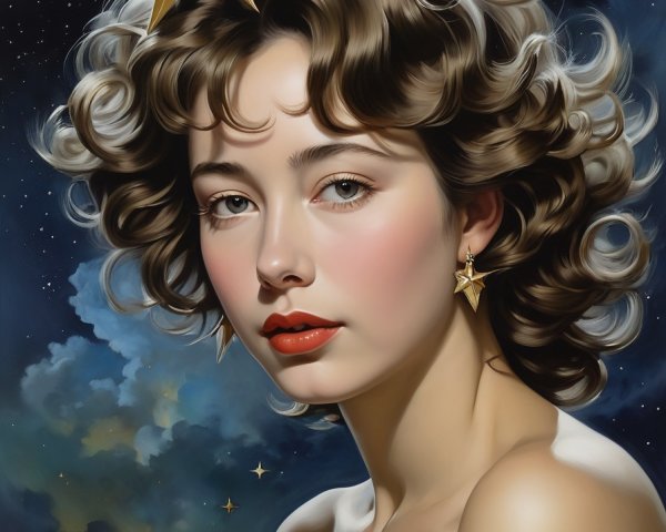 Young woman with curly hair in cosmic setting