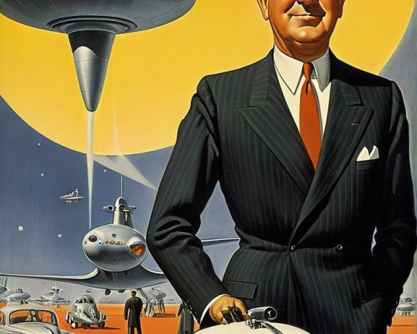 Retro-futuristic scene with classic car and flying crafts