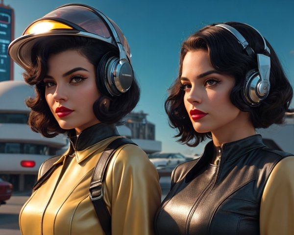 Young women in retro-futuristic outfits with cityscape