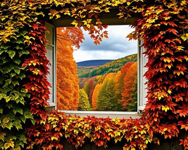 Autumn Window Frame with Scenic Fall Landscape View