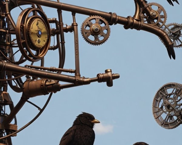 Stylized Black Birds on Mechanical Gears in Steampunk Art