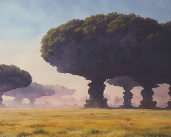 Serene Landscape with Towering Trees and Meadow