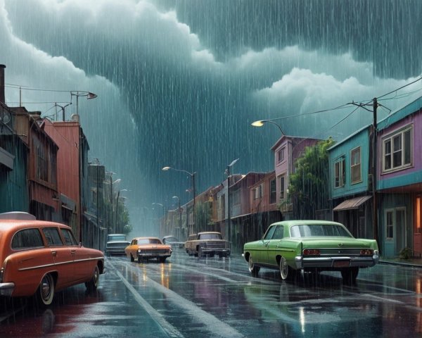 Nostalgic Rainy Street Scene with Vintage Cars