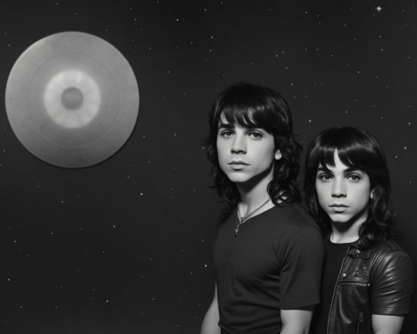 Boys Against Starry Backdrop with Surreal Disk Element