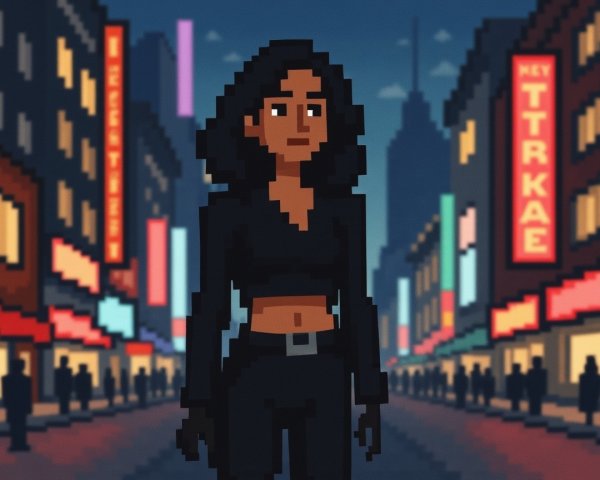 Pixel Art of Young Woman in Neon City at Night