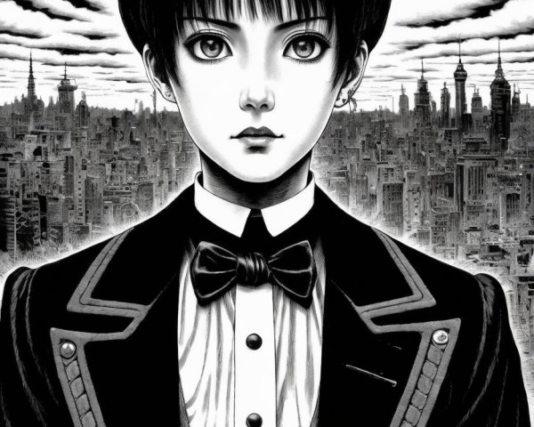 Young Person in Formal Suit Against Urban Skyline