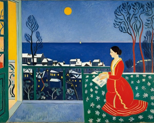 Serene Night Scene with Woman in Red Dress
