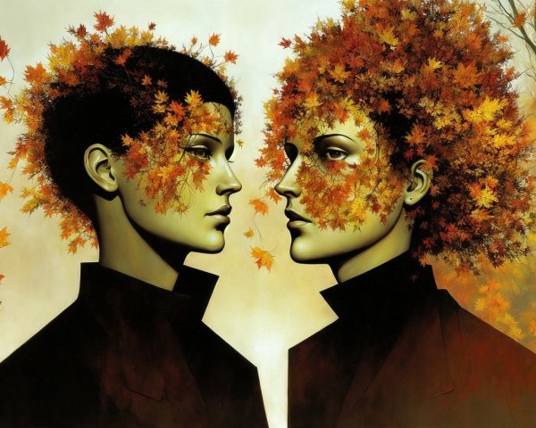 Stylized Figures with Autumn Leaves in Surreal Setting