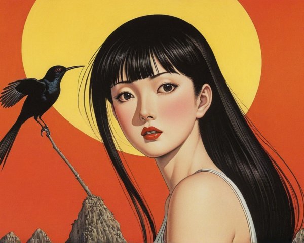 Female Figure with Dark Hair Against Orange Background