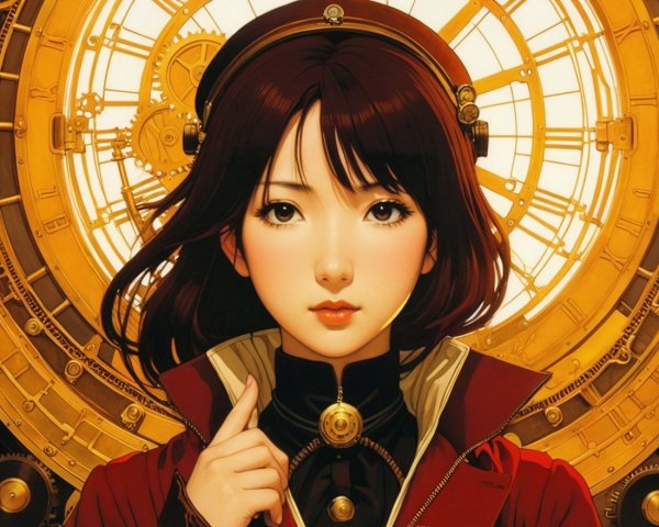 Young woman in red coat with steampunk backdrop