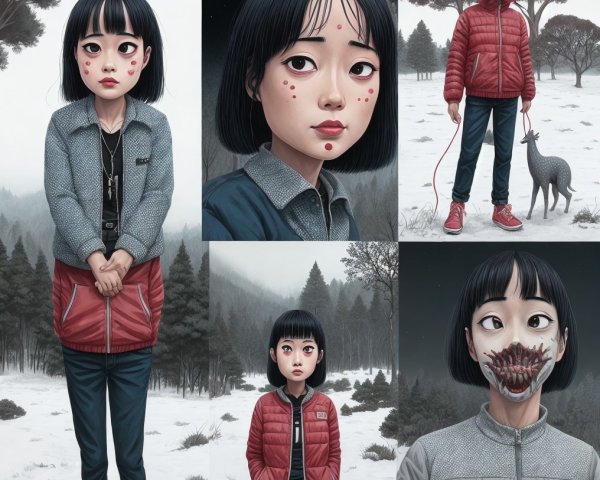 Young girl in a snowy forest with distinct features