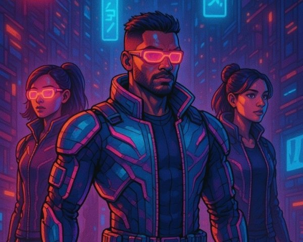 Cyberpunk Cityscape with Futuristic Figures and Neon Lights