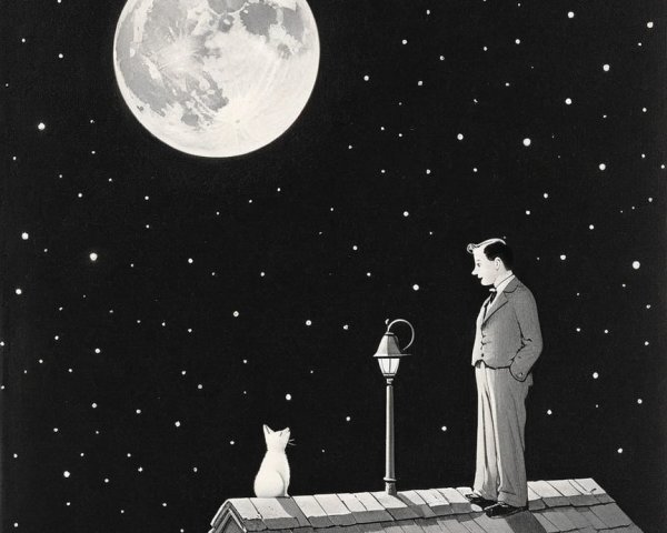 Man and Cat on Roof Under Full Moon and Stars
