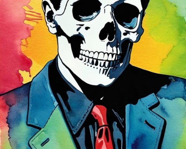 Watercolor Portrait of Man with Skull Face and Suit