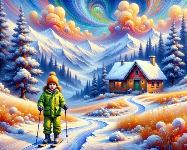 Whimsical Winter Landscape with Child Skiing and Cabin