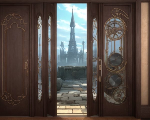 Wooden Door Revealing Ornate Castle View and Clouds
