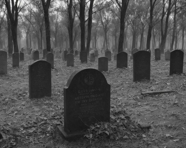 Misty Cemetery with Weathered Gravestones and Trees