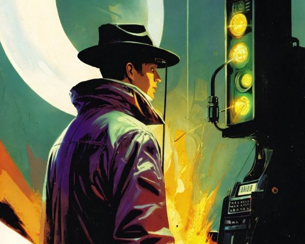 Mysterious Figure in Fedora Against Vibrant Backdrop