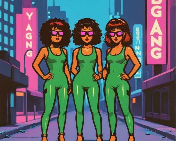Stylish Cartoon Women in Green Bodysuits with Urban Backdrop